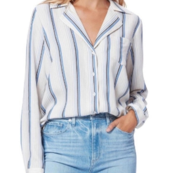 PAIGE Women’s White Dream Blue Striped Notch Lapel Collar Button-Up Shirt Size M - Picture 1 of 12